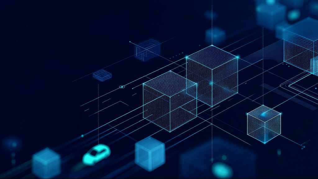 Abstract digital cubes connected by lines and pathways on a dark background, representing structured asset management and interconnected systems.