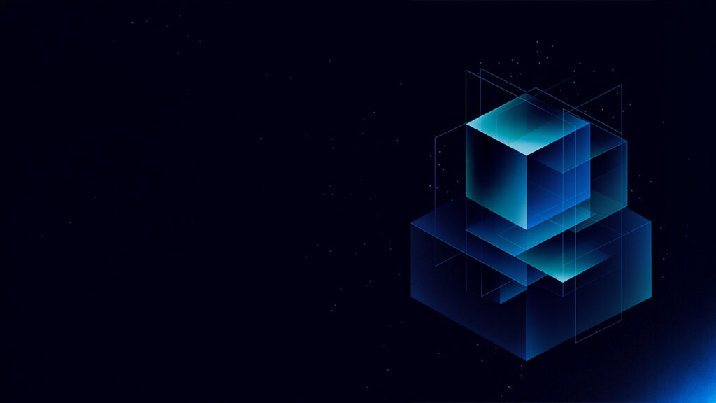 Abstract three-dimensional blue cubes layered within transparent geometric frames, symbolizing structured digital systems and modular architecture.