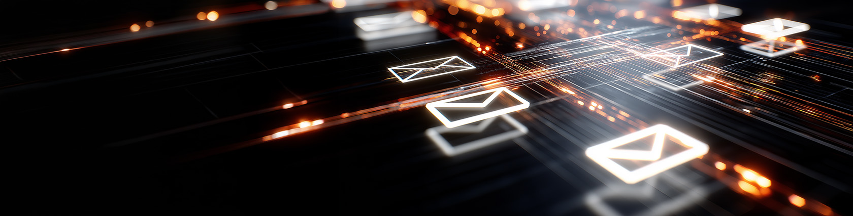 Abstract digital communication layout with envelope icons connected by glowing lines, representing automated email workflows.