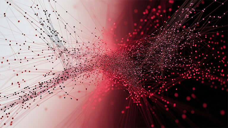 Abstract network of fine lines and red data points converging toward the center, symbolizing interconnected systems and information security.