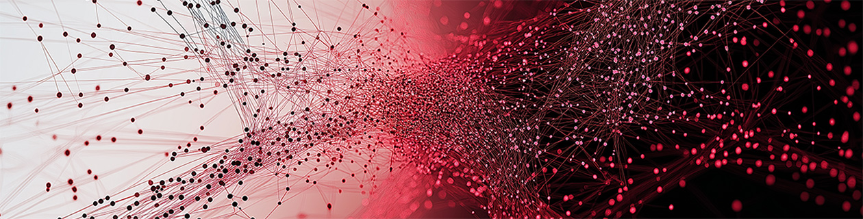 Abstract network of fine lines and red data points converging toward the center, symbolizing interconnected systems and information security.