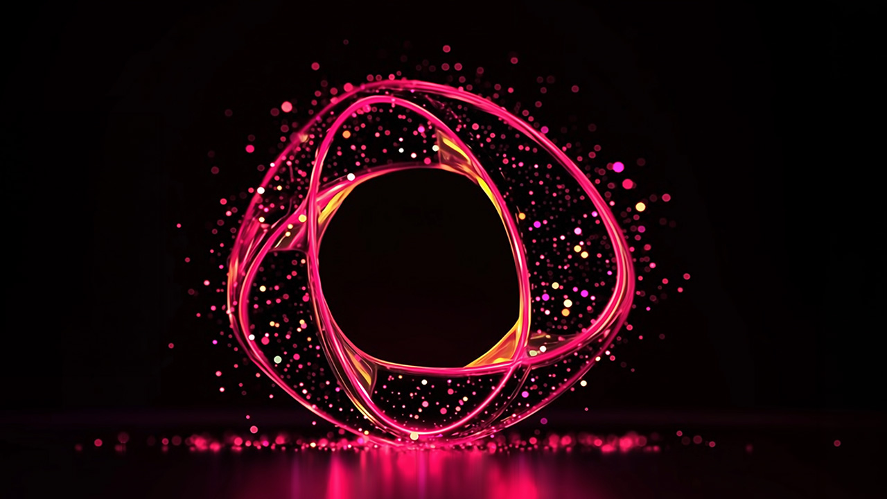 Abstract circular light forms with glowing pink and orange particles surrounding a dark center, symbolizing connectivity and digital resilience.