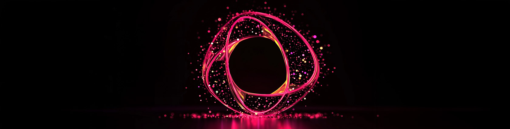 Abstract circular light forms with glowing pink and orange particles surrounding a dark center, symbolizing connectivity and digital resilience.