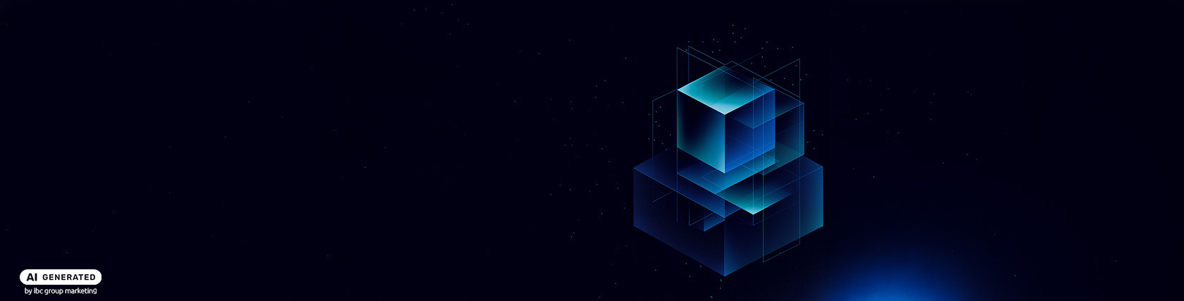 Abstracte 3D-blauwe kubussen binnen transparante geometrische structuren, die de samenhang van digitale systemen, modulaire architecturen