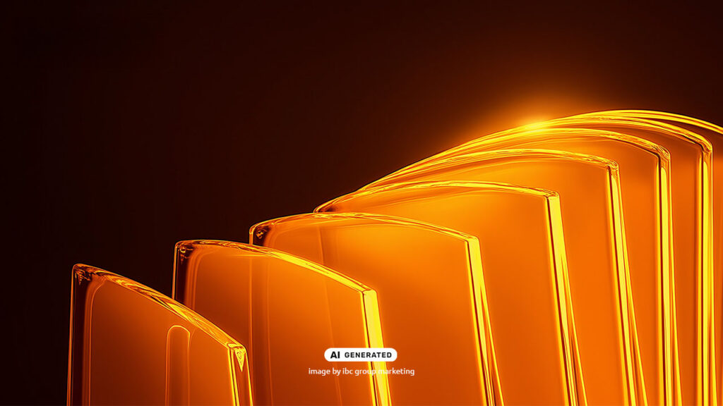 Abstract translucent orange forms arranged in a layered sequence, symbolizing structure and progression.