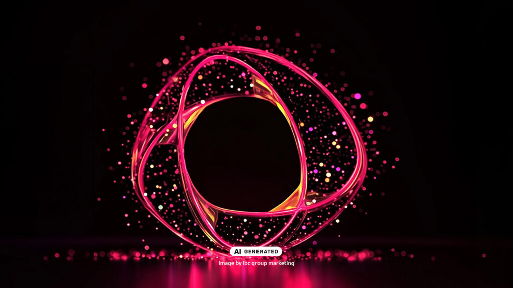 Abstract circular light forms with glowing pink and orange particles surrounding a dark center, symbolizing connectivity and digital resilience.