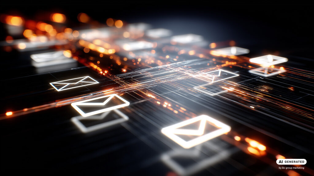 Abstrakte digitale Kommunikationsstruktur mit Umschlagsymbolen, die durch leuchtende Linien verbunden sind und automatisierte E‑Mail‑Workflows darstellen.