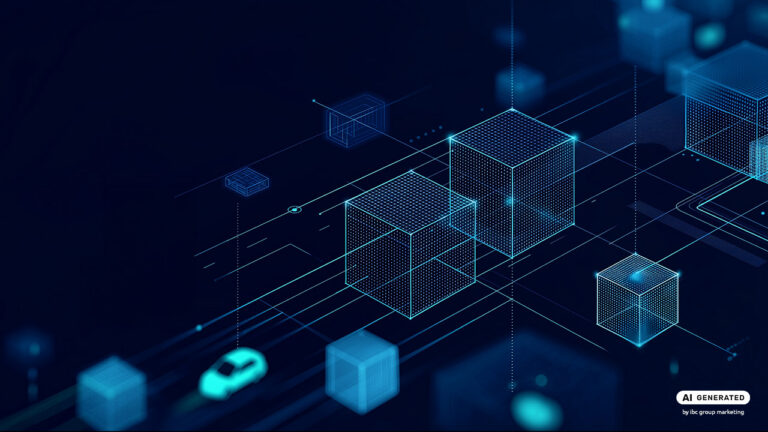 Abstracte digitale kubussen, verbonden door lijnen en netwerken op een donkere achtergrond, die gestructureerd assetmanagement, systeemintegratie en verbonden bedrijfsprocessen visualiseren.
