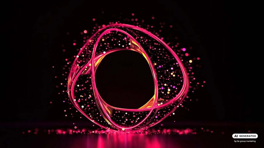 Abstract circular light forms with glowing pink and orange particles surrounding a dark center, symbolizing connectivity and digital resilience.