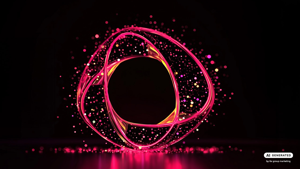 Abstract circular light forms with glowing pink and orange particles surrounding a dark center, symbolizing connectivity and digital resilience.