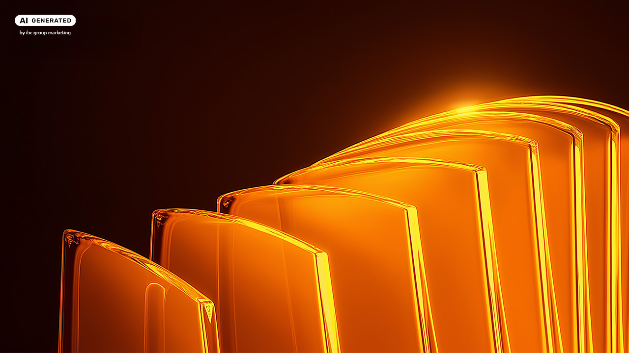 Abstract translucent orange forms arranged in a layered sequence, symbolizing structure and progression.