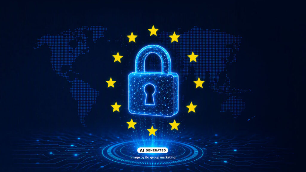 Blue digital padlock with a world map in the background, surrounded by European Union stars. The image represents cybersecurity, digital resilience and compliance with DORA regulations.