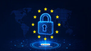 Blue digital padlock with a world map in the background, surrounded by European Union stars. The image represents cybersecurity, digital resilience and compliance with DORA regulations.
