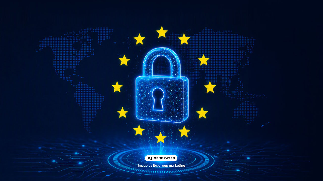 Blue digital padlock with a world map in the background, surrounded by European Union stars. The image represents cybersecurity, digital resilience and compliance with DORA regulations.