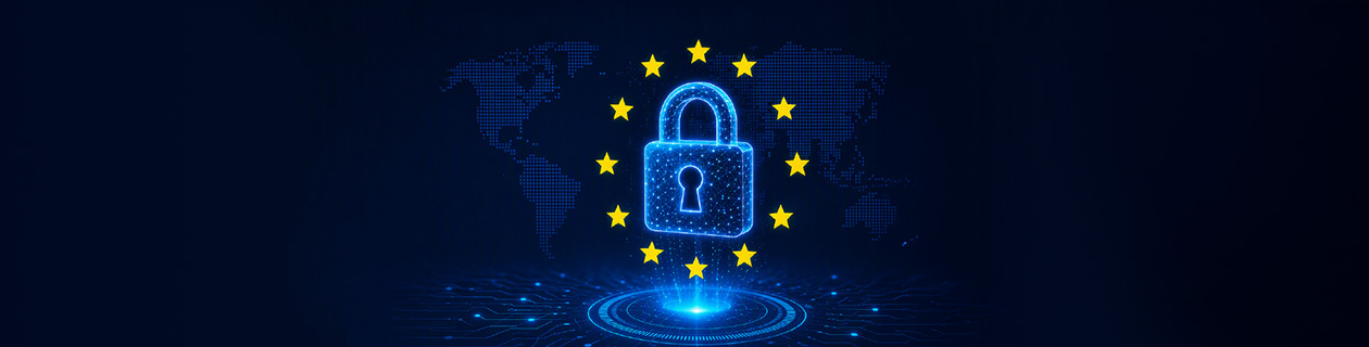 Blaues digitales Vorhängeschloss vor einer Weltkarte, umgeben von den Sternen der Europäischen Union. Das Bild symbolisiert Cybersicherheit, digitale Resilienz und die Einhaltung der DORA-Vorgaben.