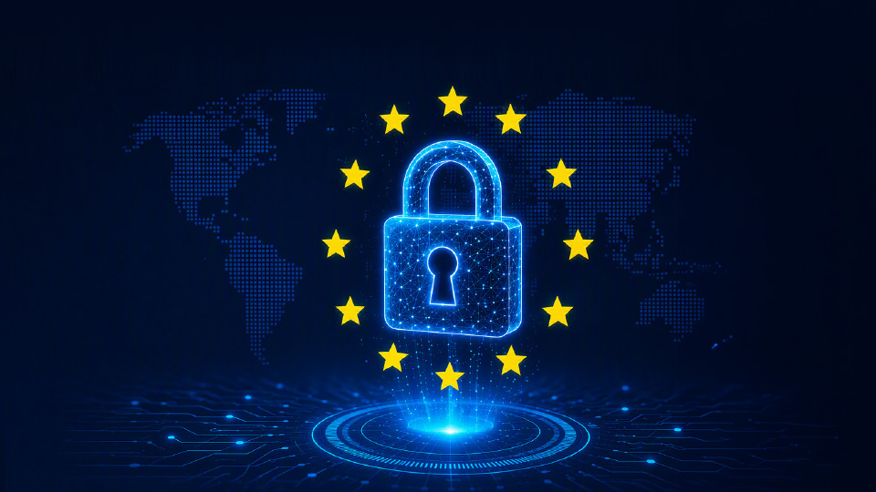 Blauw digitaal hangslot met een wereldkaart op de achtergrond, omringd door de sterren van de Europese Unie. De afbeelding symboliseert cybersecurity, digitale weerbaarheid en naleving van de DORA-regelgeving.