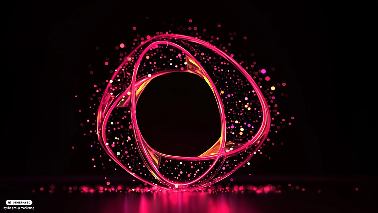 Abstracte cirkelvormige lichtstructuren met gloeiende roze en oranje deeltjes rond een donkere kern, als symbool voor verbinding, digitale weerbaarheid en veerkracht.